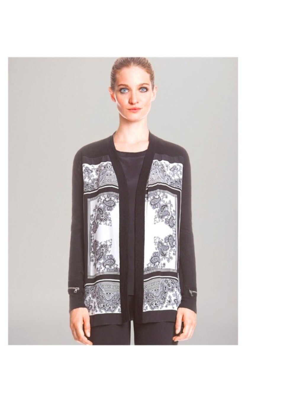 Sandro Black White Paisley Silk Wool Cardigan